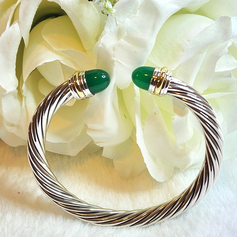 David Yurman 925 Silver Classic Diamond Cuff 14k Gold and Green Onyx - FCM168